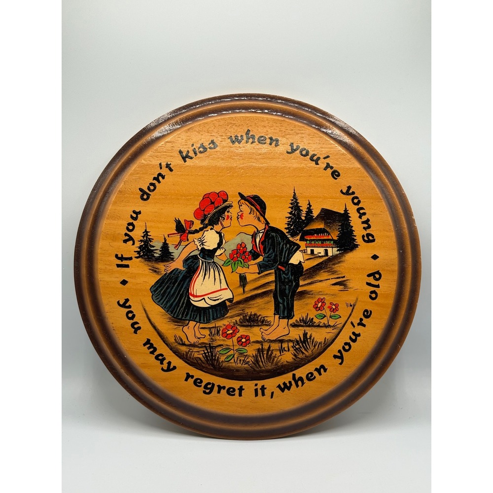 Vintage Wood Folk Art Wall Plaque Kissing Couple Quote Cottagecore Decor 11.5"